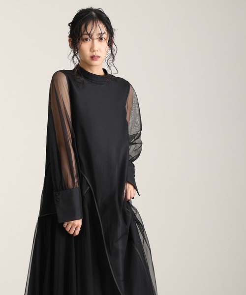 セール】ミモレ丈&袖ありフォーマルチュールパイピングセレモニー結婚