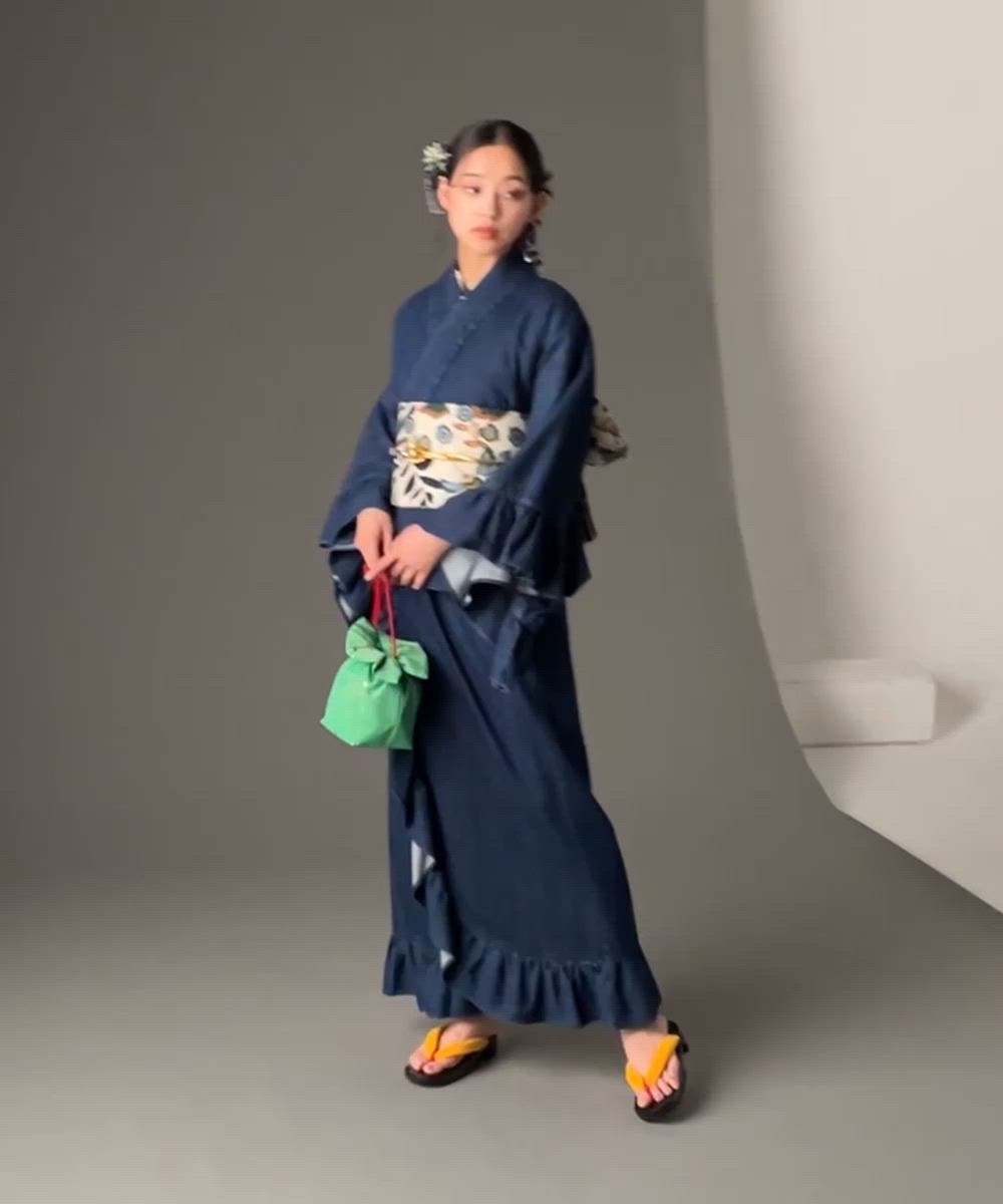 1人で着られる綿100％2WAYデニム浴衣(花柄半襟付き) ＜大きいサイズ有