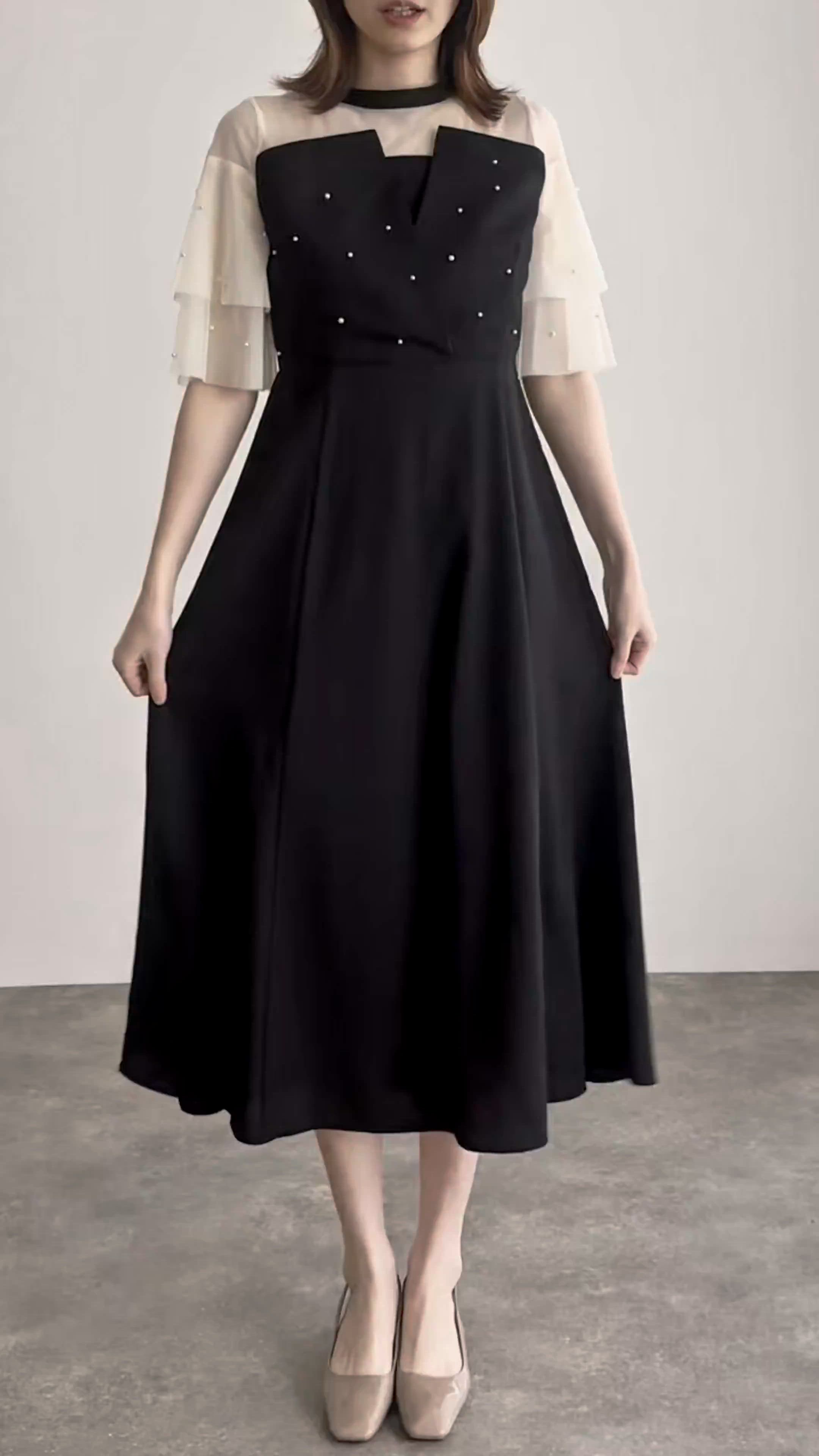 セール】パールつきビスチェ風ドレスロング&袖ありフォーマルお呼ばれ