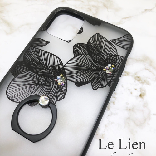 iPhone16/15/14/13/12/11 スマホリング付き花柄ケース/黒 iPhoneケース