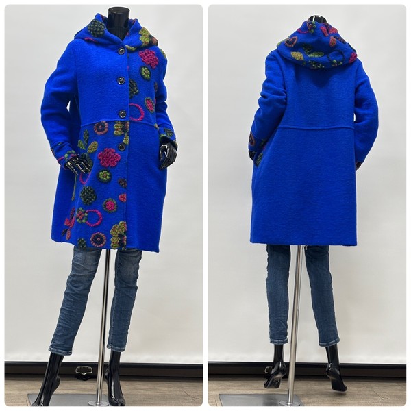 人気商品【イタリア製】パネルマルチ花柄圧縮ウールコート/フード襟