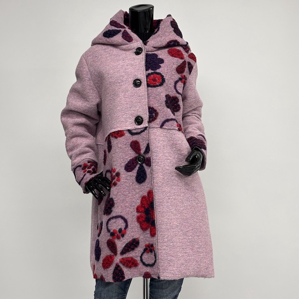 人気商品【イタリア製】パネルマルチ花柄圧縮ウールコート/フード襟