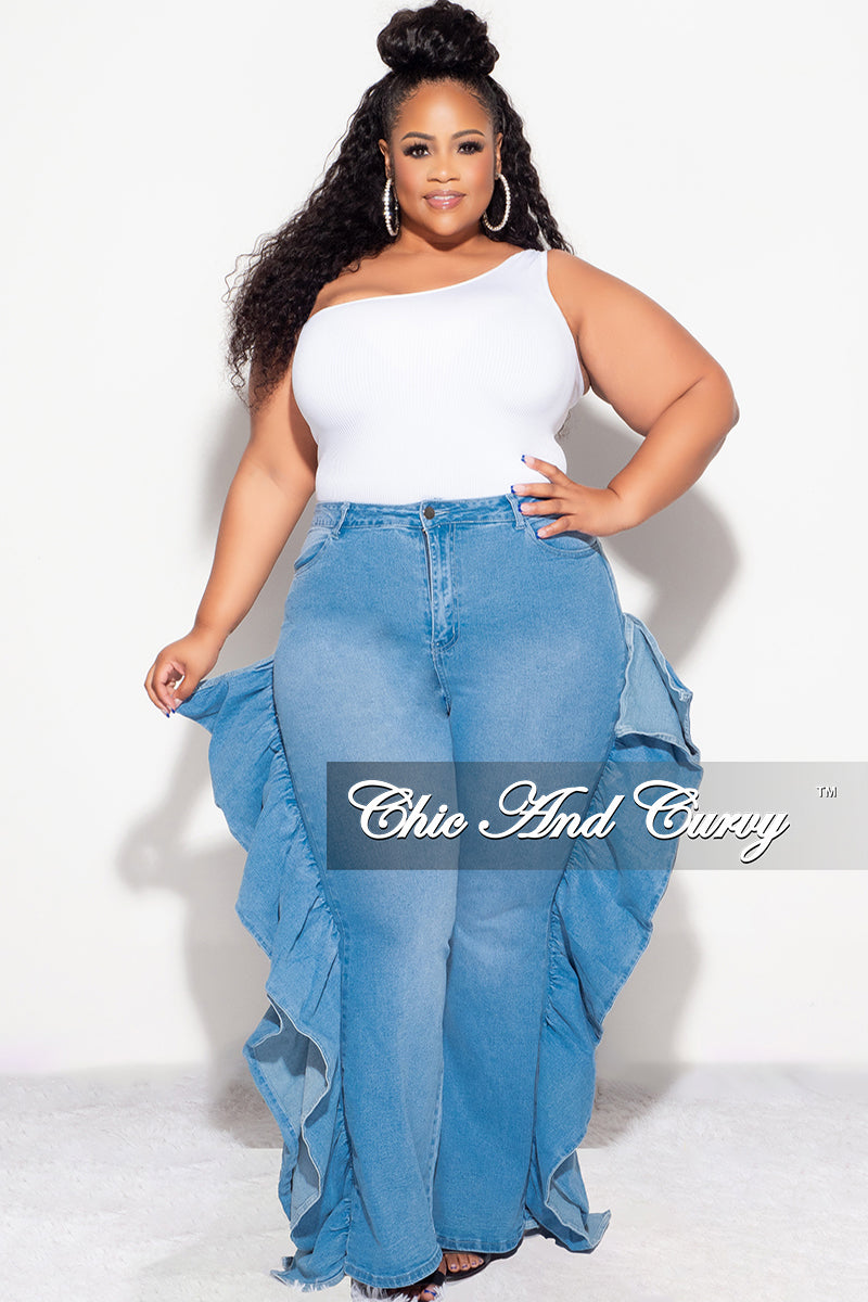Final Sale Plus Size Denim Jean with Dramatic Side Ruffle – Chic