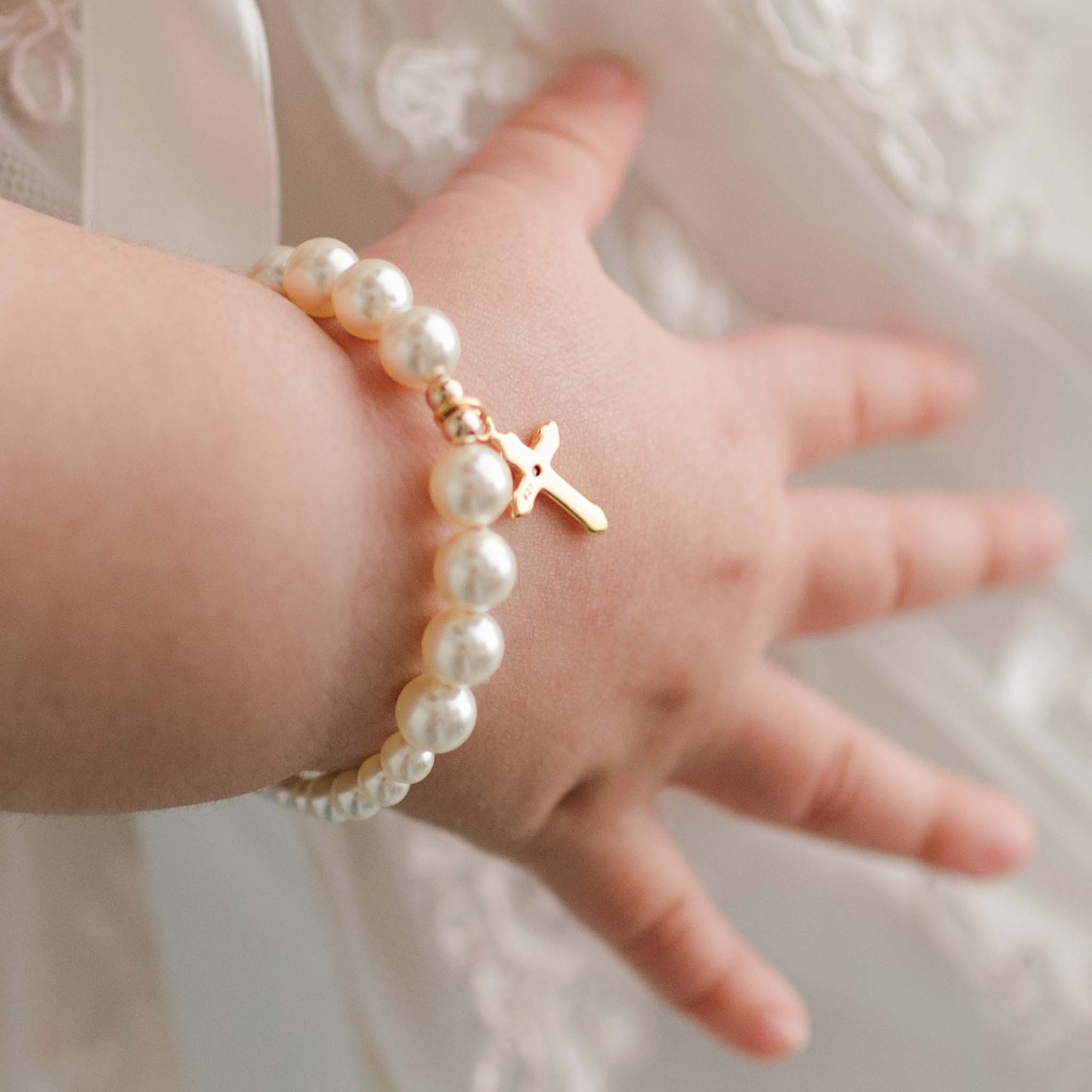 Girls Christening Gifts | Cream Pearl Bracelet with Cross