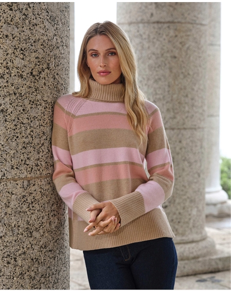 Pink Multi | Wool Cashmere Wide Stripe Sweater | Pure Collection