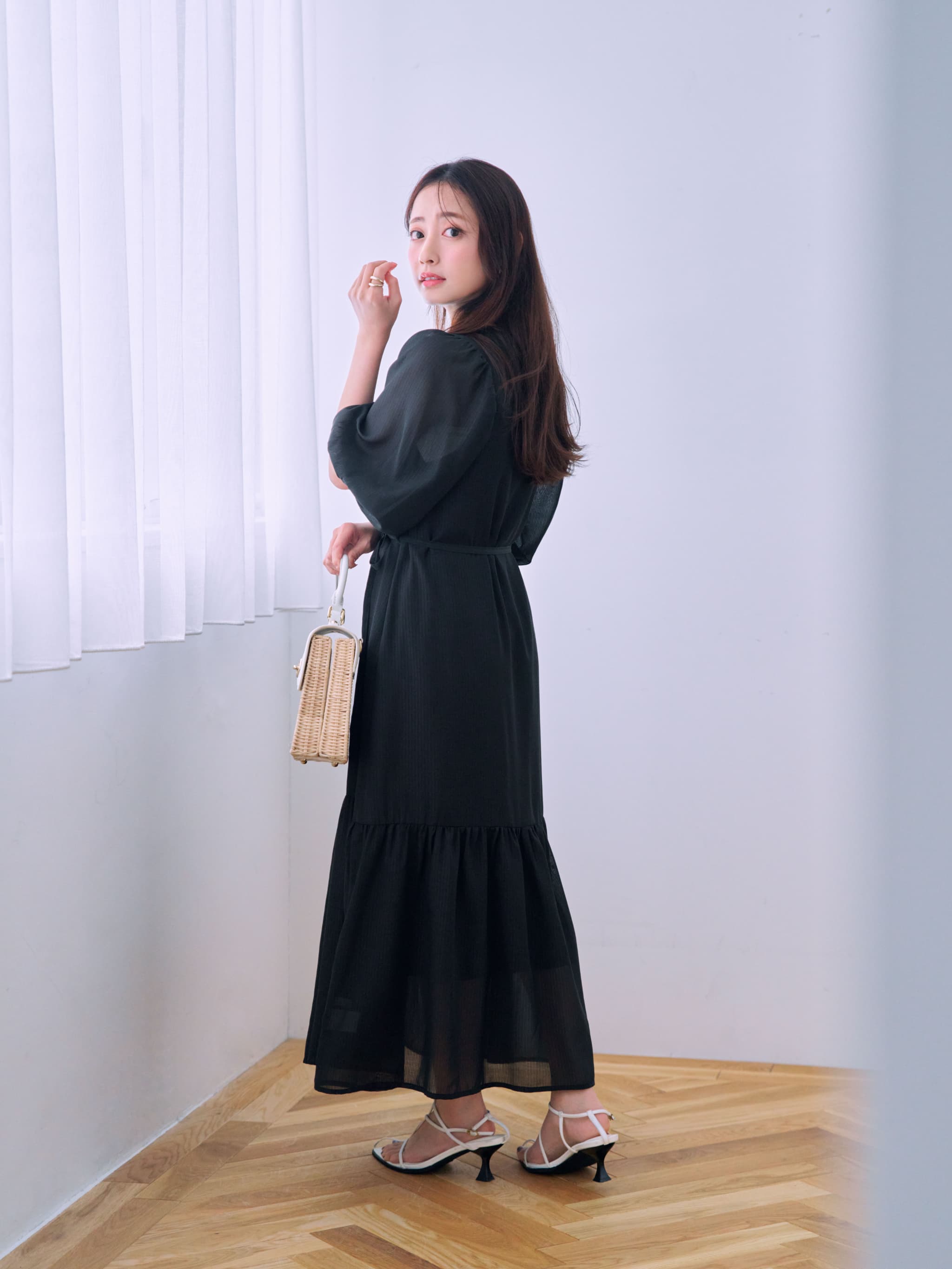 シアーストライプギャザースリーブワンピース-short & regular | 小柄