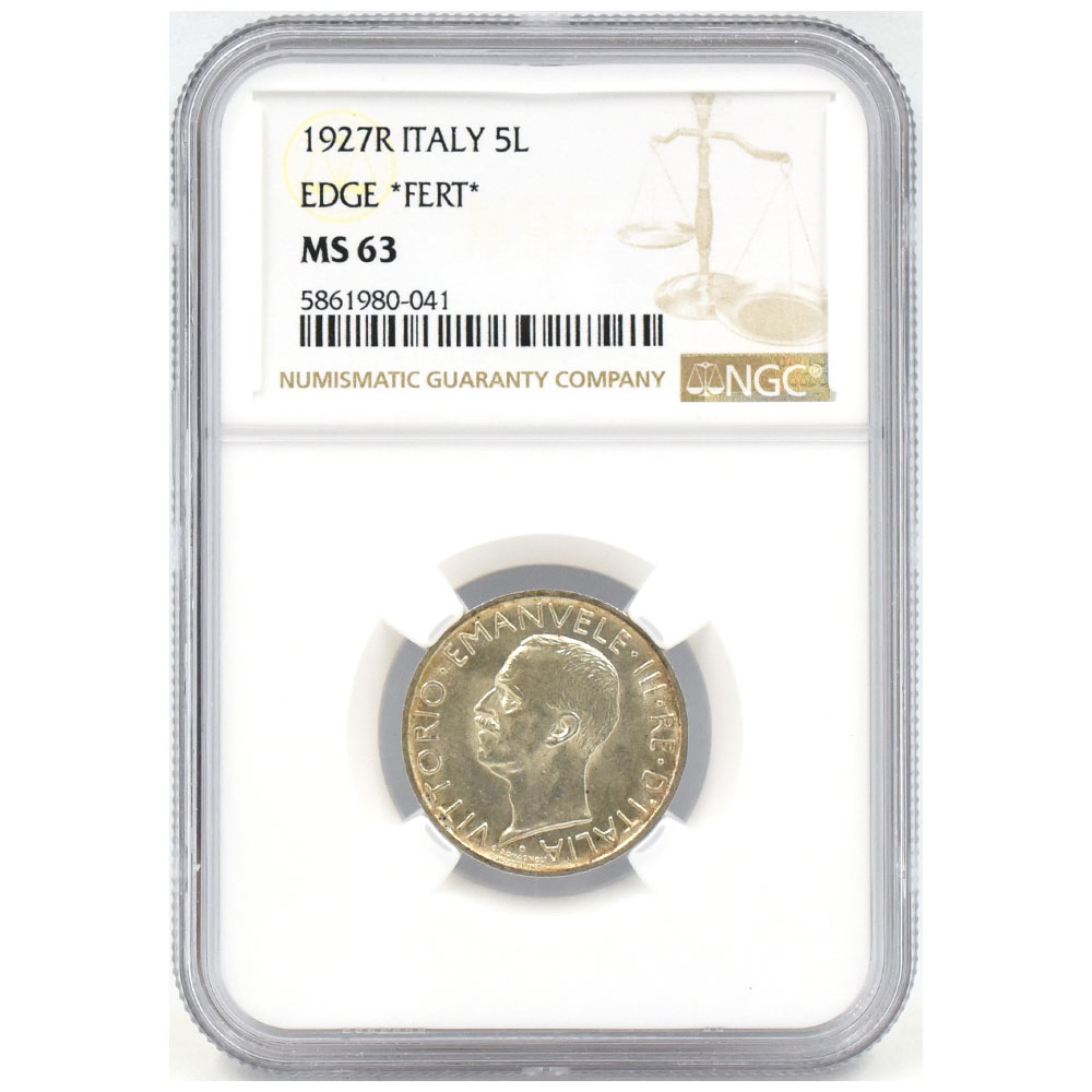 イタリア 1927R ヴィットーリオ・エマヌエーレ3世 5リラ 銀貨 NGC MS63