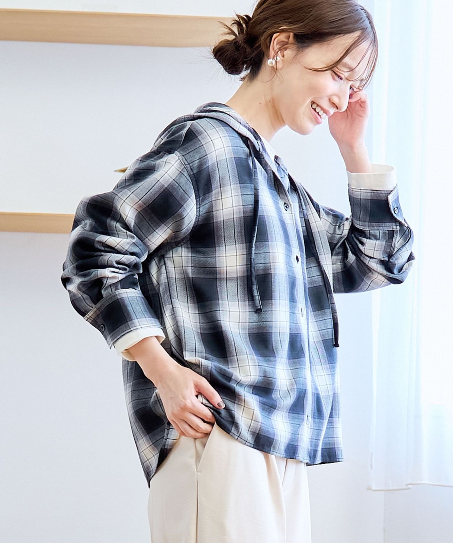 TRオンブレチェックフーディシャツ