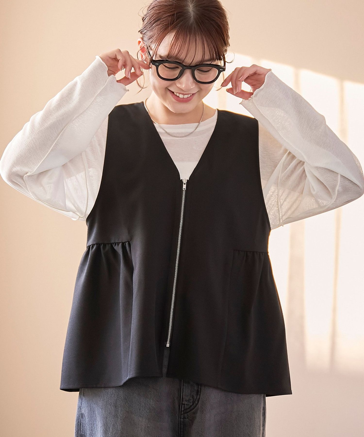 リネンライク ペプラムジップベスト