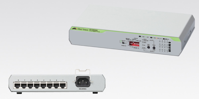 アライドテレシス、8ポートのノンインテリジェントスイッチGbEスイッチ
