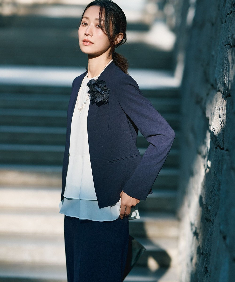 美品✨23区スカートセットアップノーカラーウォッシャブル紺XL42