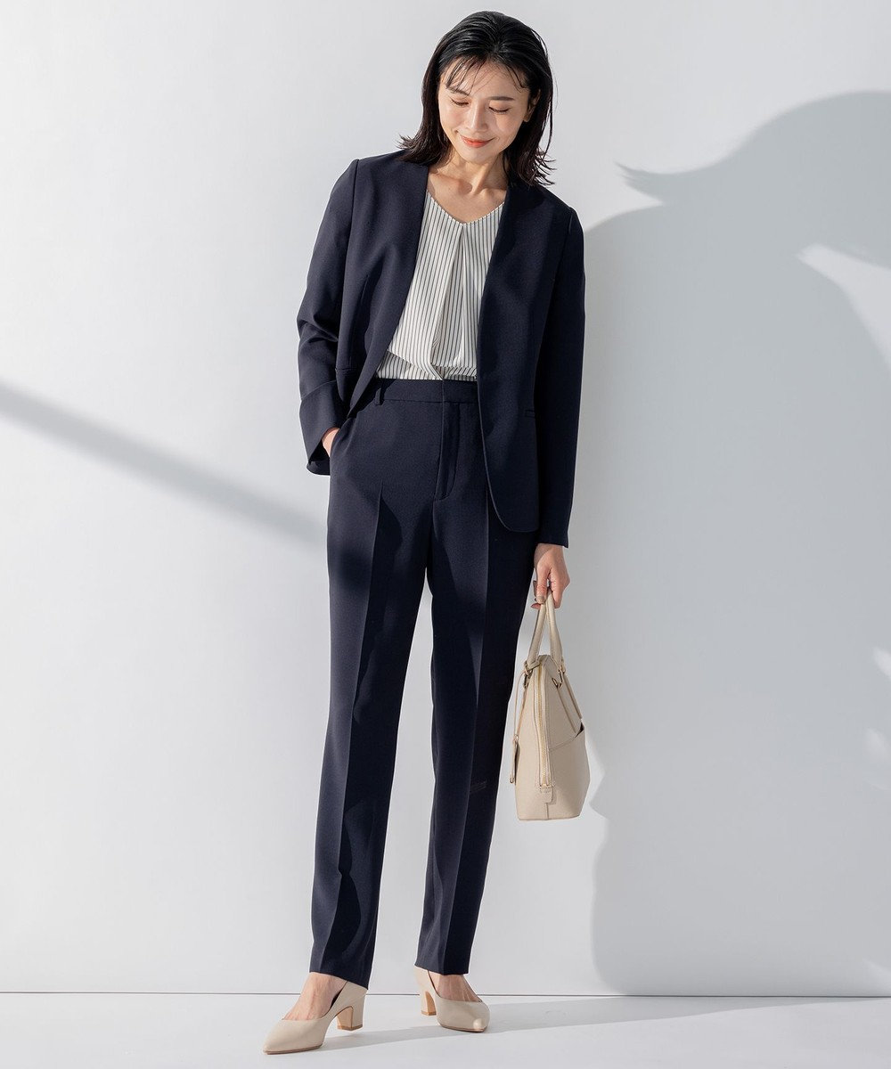 美品✨23区スカートセットアップノーカラーウォッシャブル紺XL42