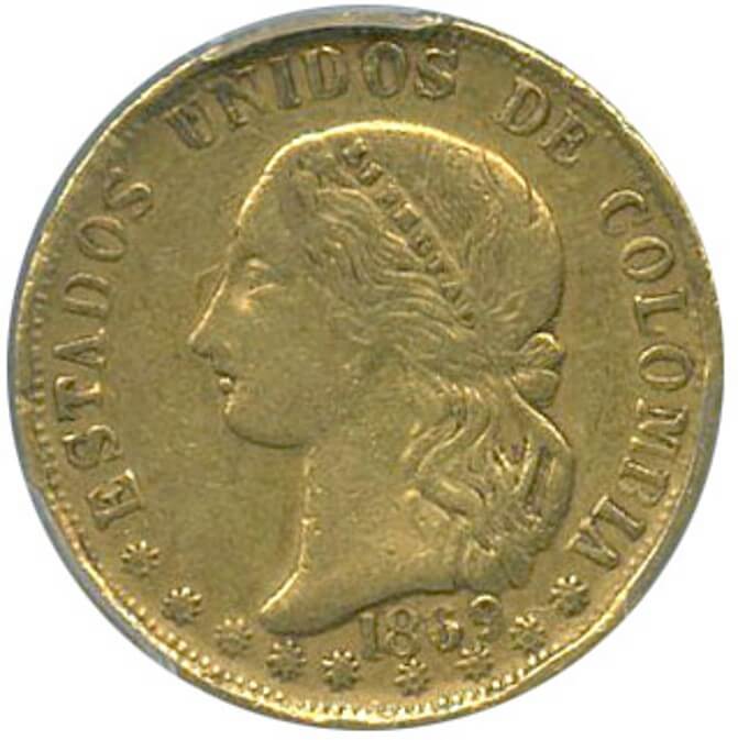 コロンビア 10ペソ金貨 1869 Fr104 KM141.2 PCGS XF45 (VF) | コイン