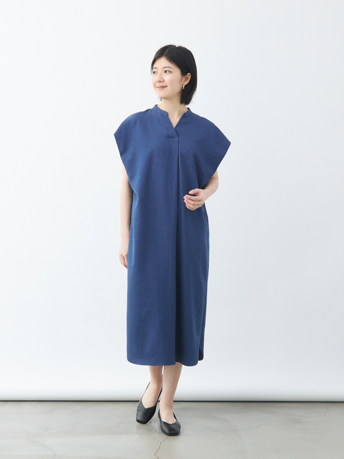 リネンライクワンピース/綿麻ブレンド/ウォッシャブル/ブルー