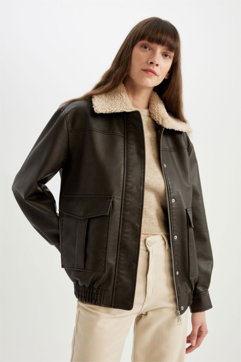 Brown Woman Regular Fit Faux Fur Collar Faux Leather Jacket