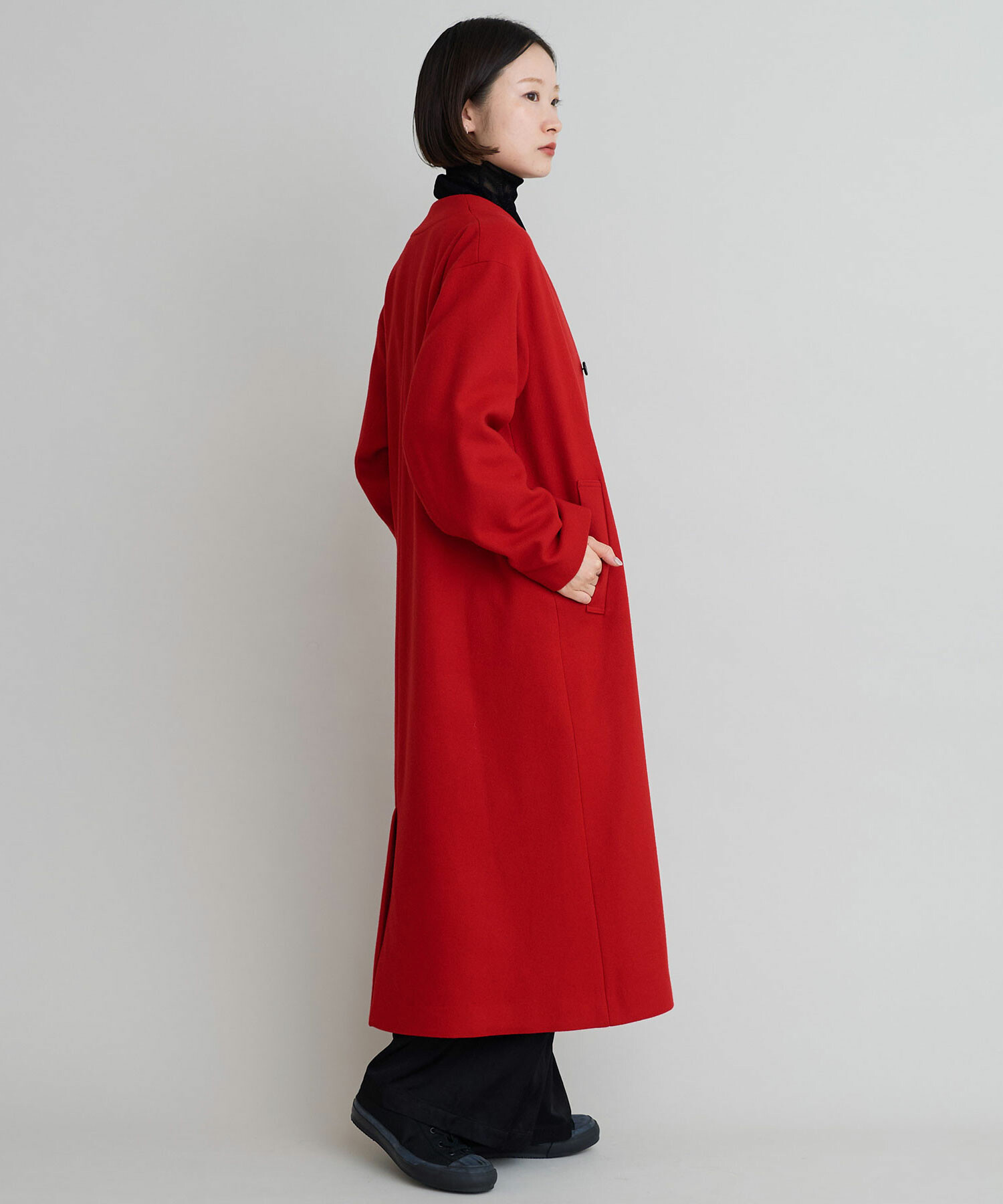 AMBIDEX Store 〇ウールメルトン Vネックロングコート(F アカ): iki