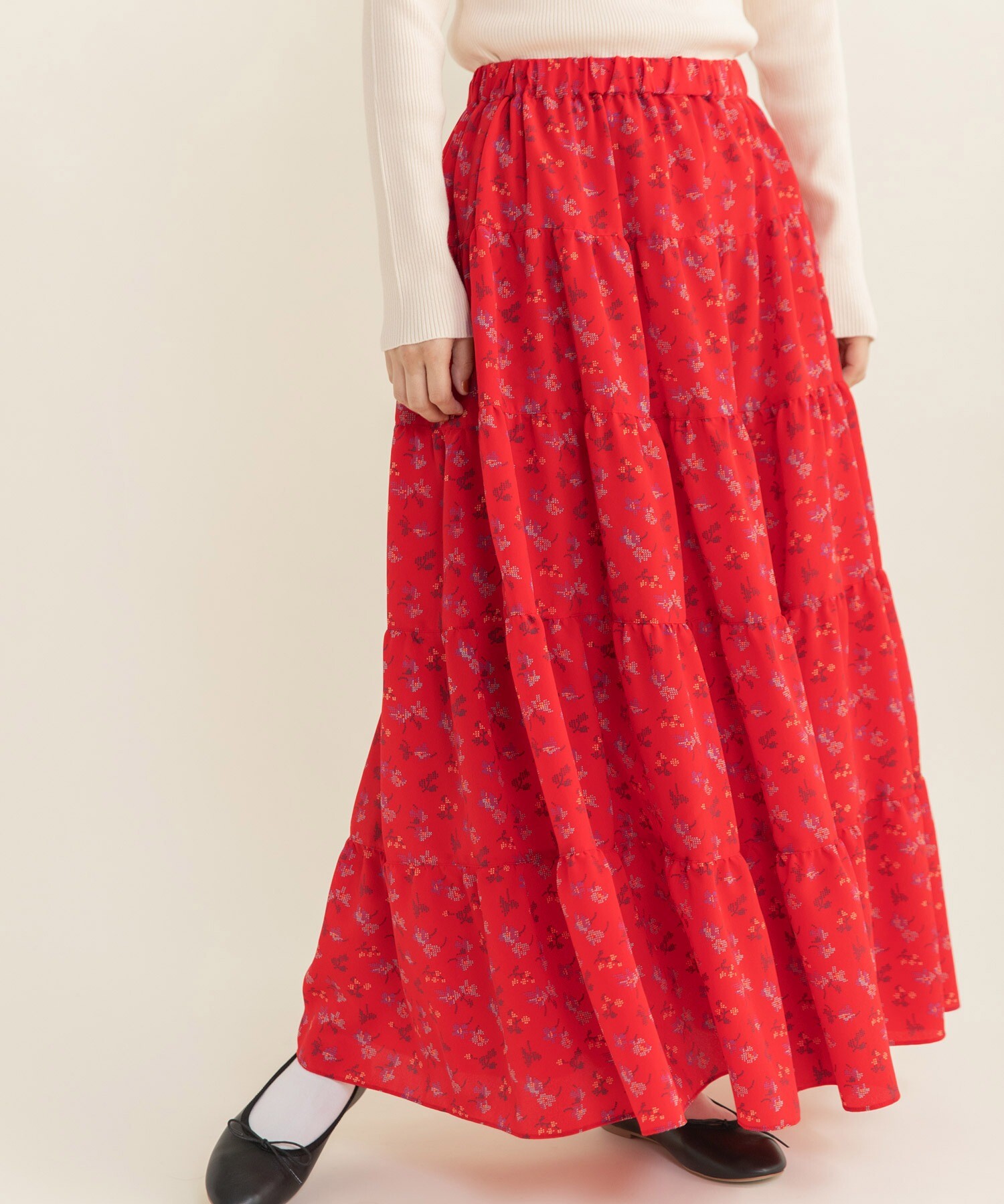 AMBIDEX Store ○○クロスフラワープリント ティアードスカート(F クロ