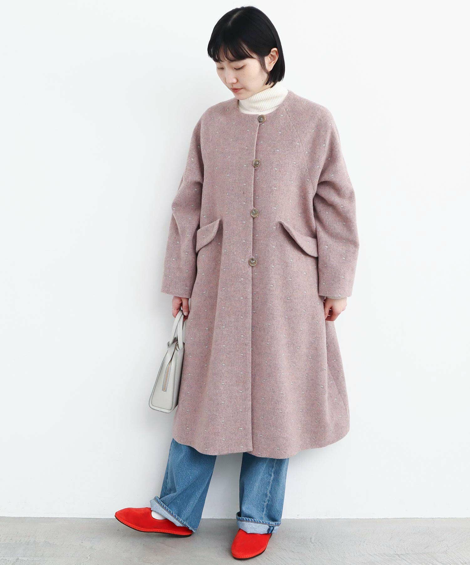 AMBIDEX Store ○ドット刺繍 ノーカラーコート(F ピンク): l'atelier