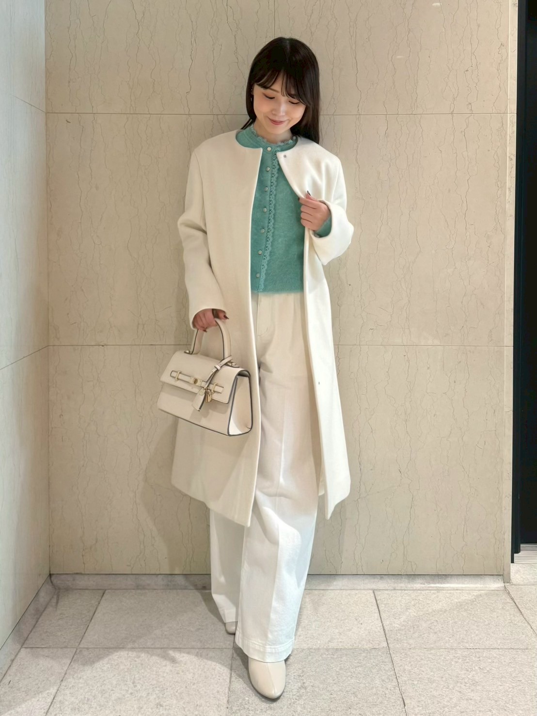 リボンストール付きノーカラーコート(コート)｜OUTER（アウター