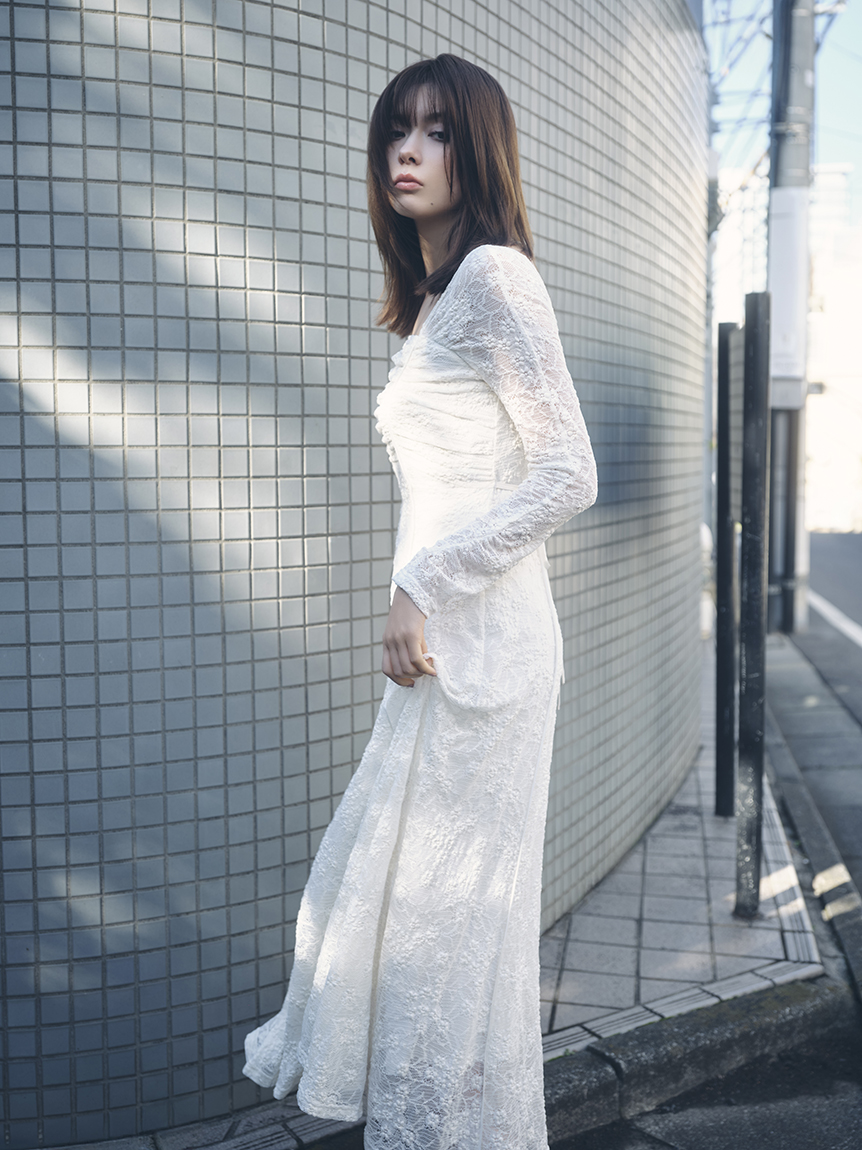 スクエアネックストレッチレースワンピース(マキシ・ロングワンピース