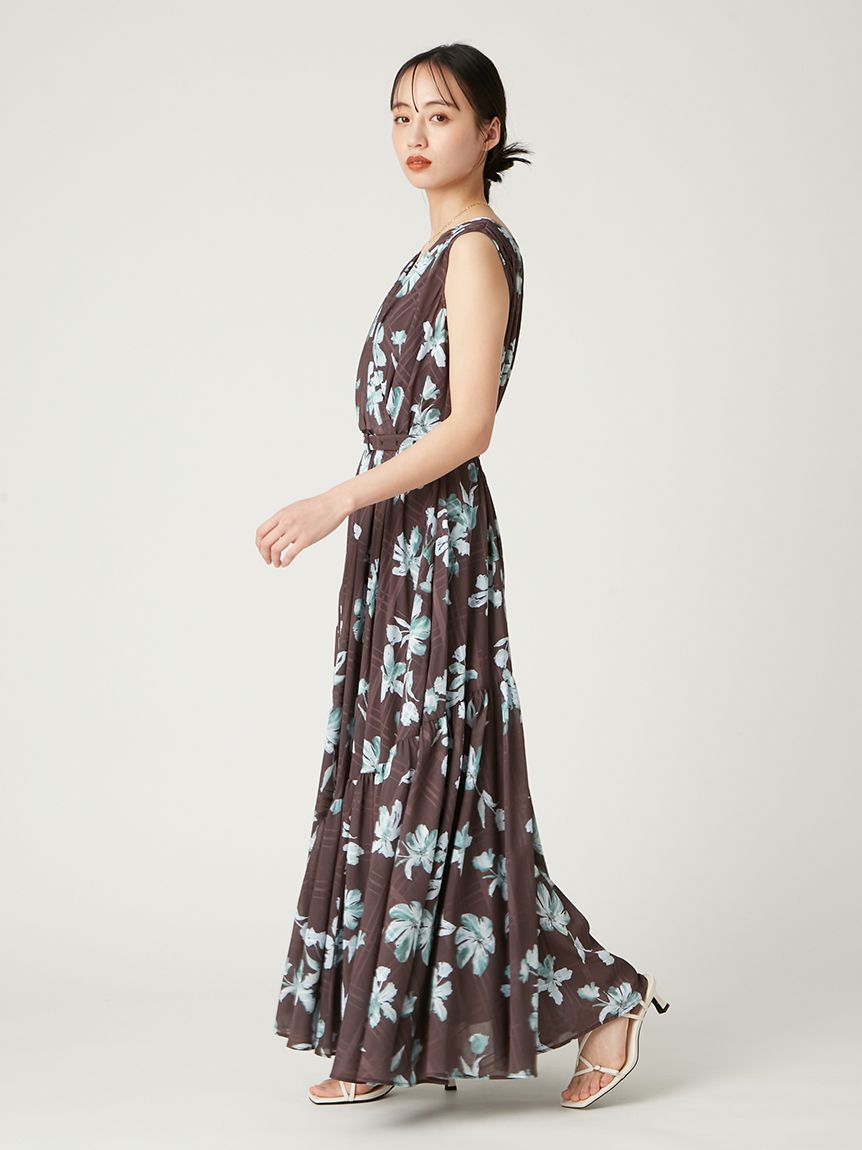 フラワープリントカシュクールワンピース／接触冷感(マキシ・ロング