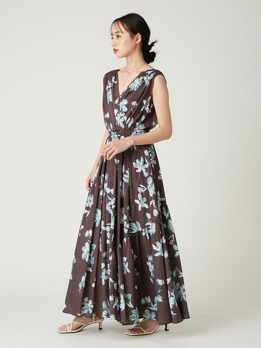 フラワープリントカシュクールワンピース／接触冷感(マキシ・ロング