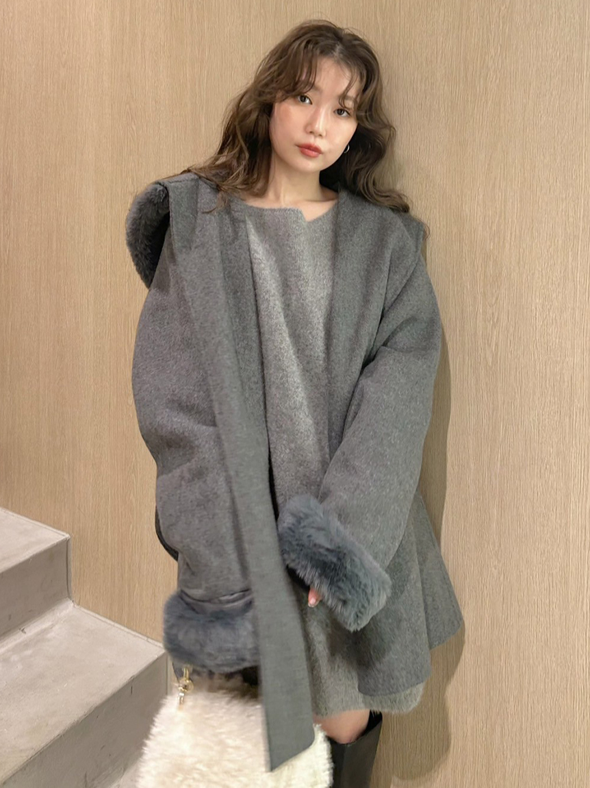 WEB限定カラー】ファーリバーミドルコート(ウールコート)｜アウター