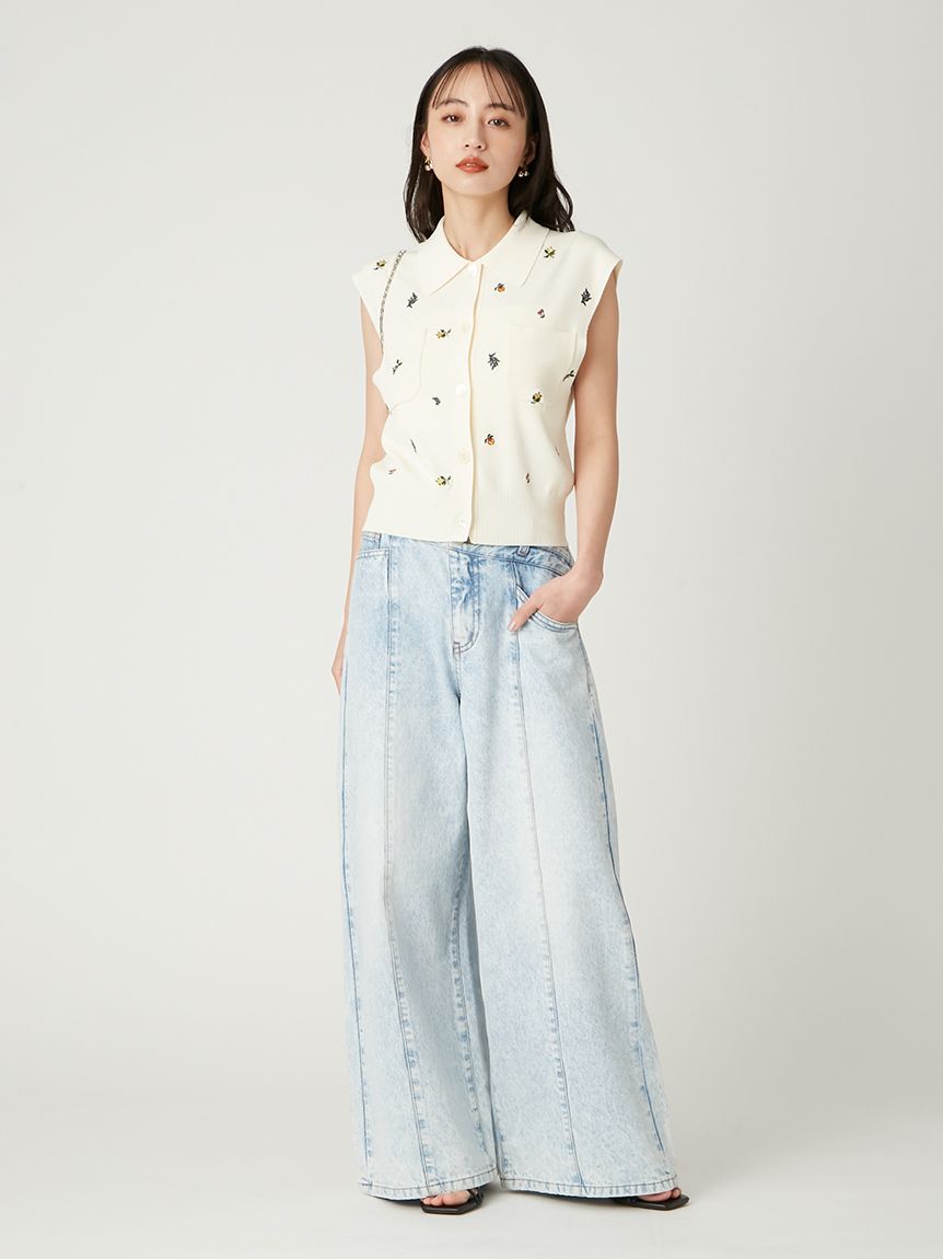 フルーツ刺繍ポロカラーノースリニットジレ／接触冷感(ニット