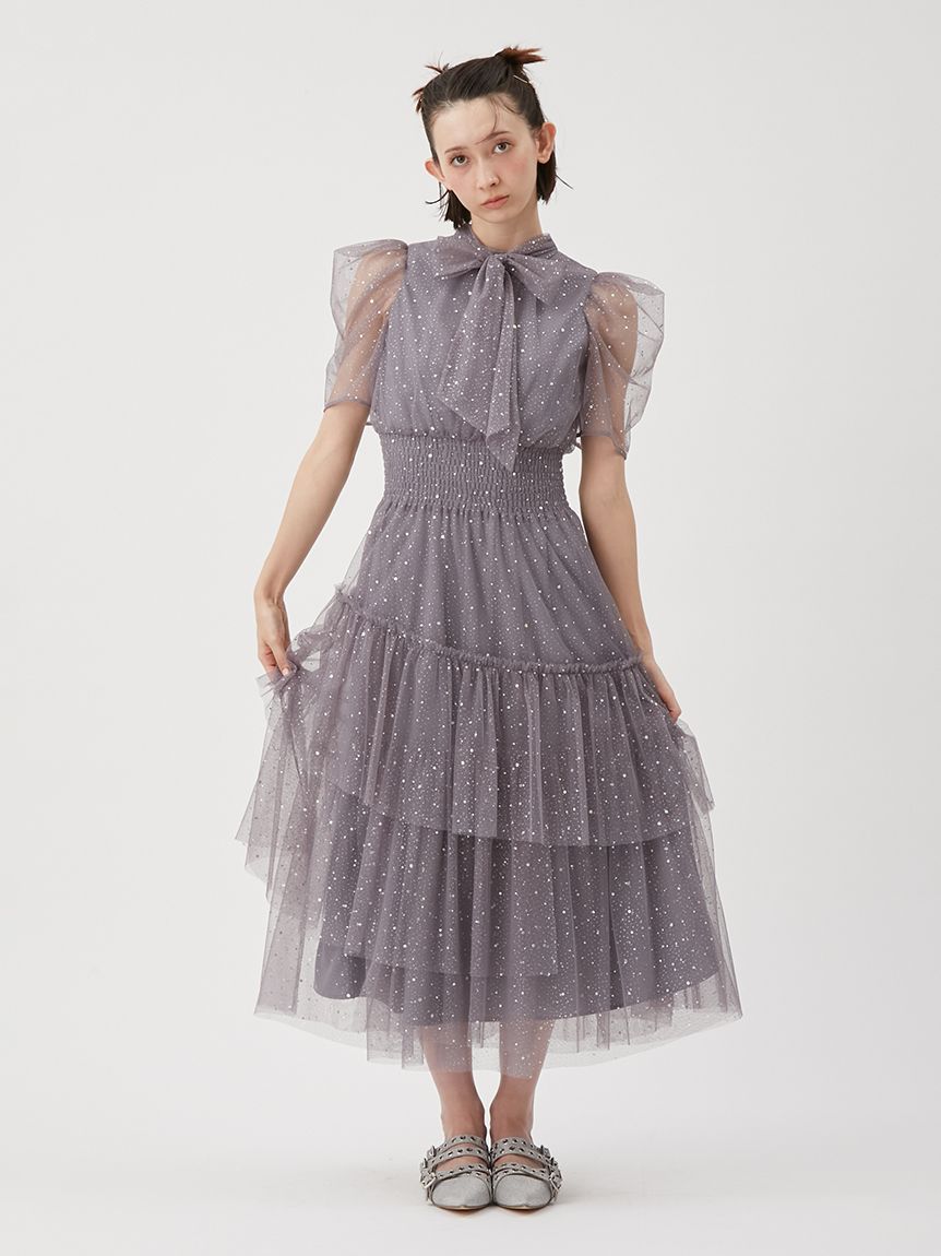 限定サイズ】ハーフスリーブラメチュールドレス(ロングワンピース