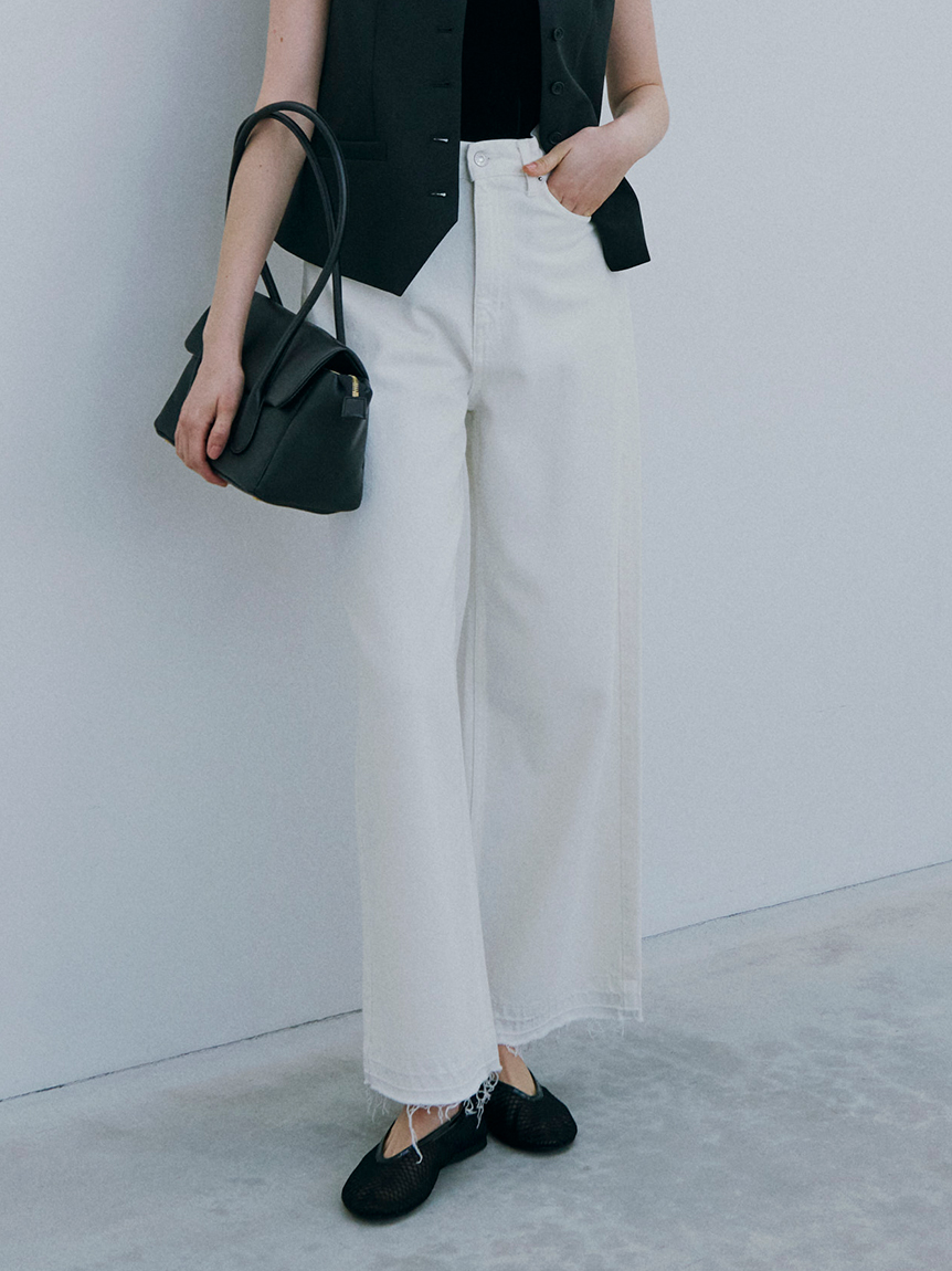 ウォッシャブル】撥水加工カットオフワイドデニムパンツ(デニムパンツ