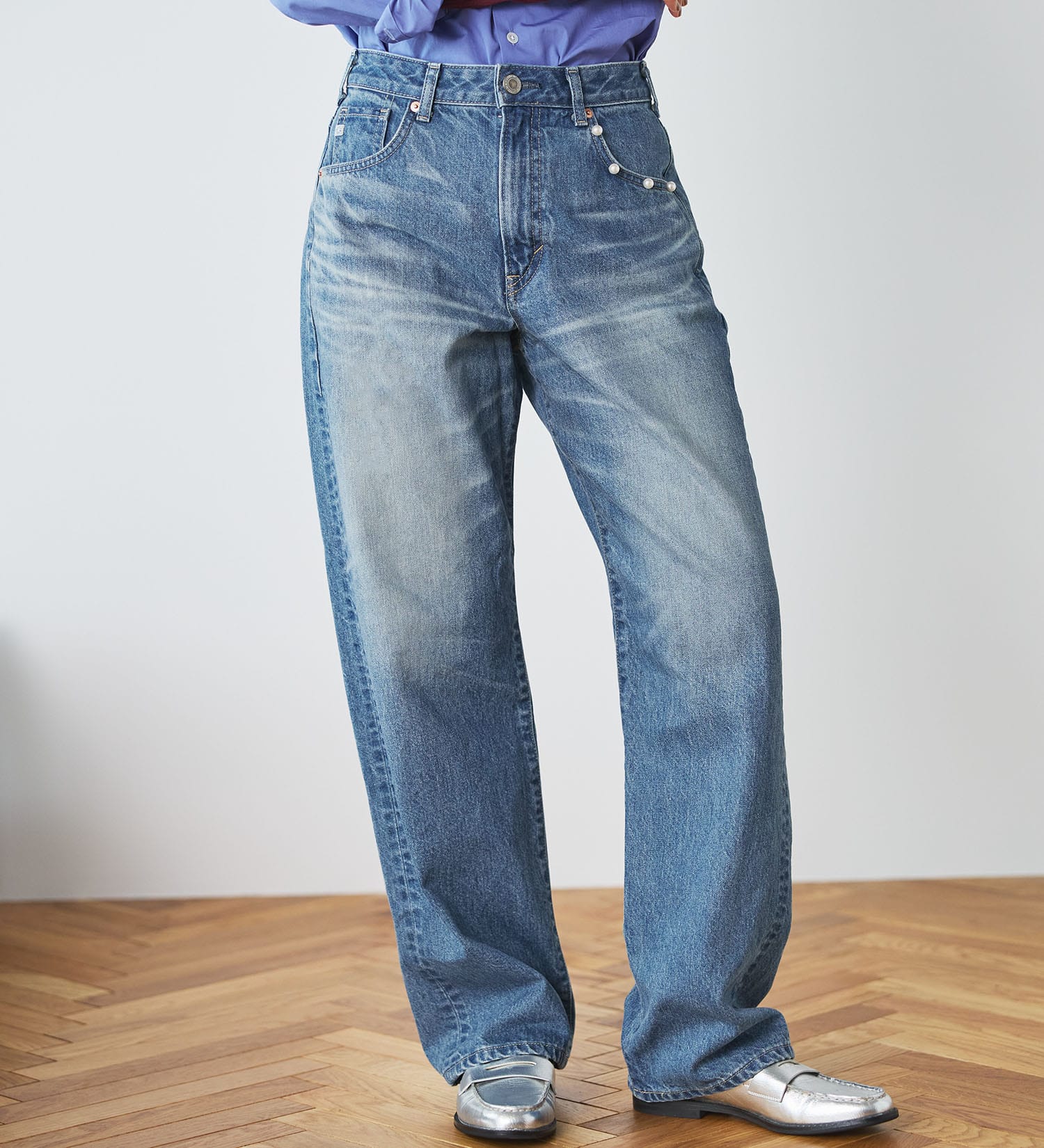 SOMETHING ELSA ヴィンテージルーズストレートパールデニムパンツ