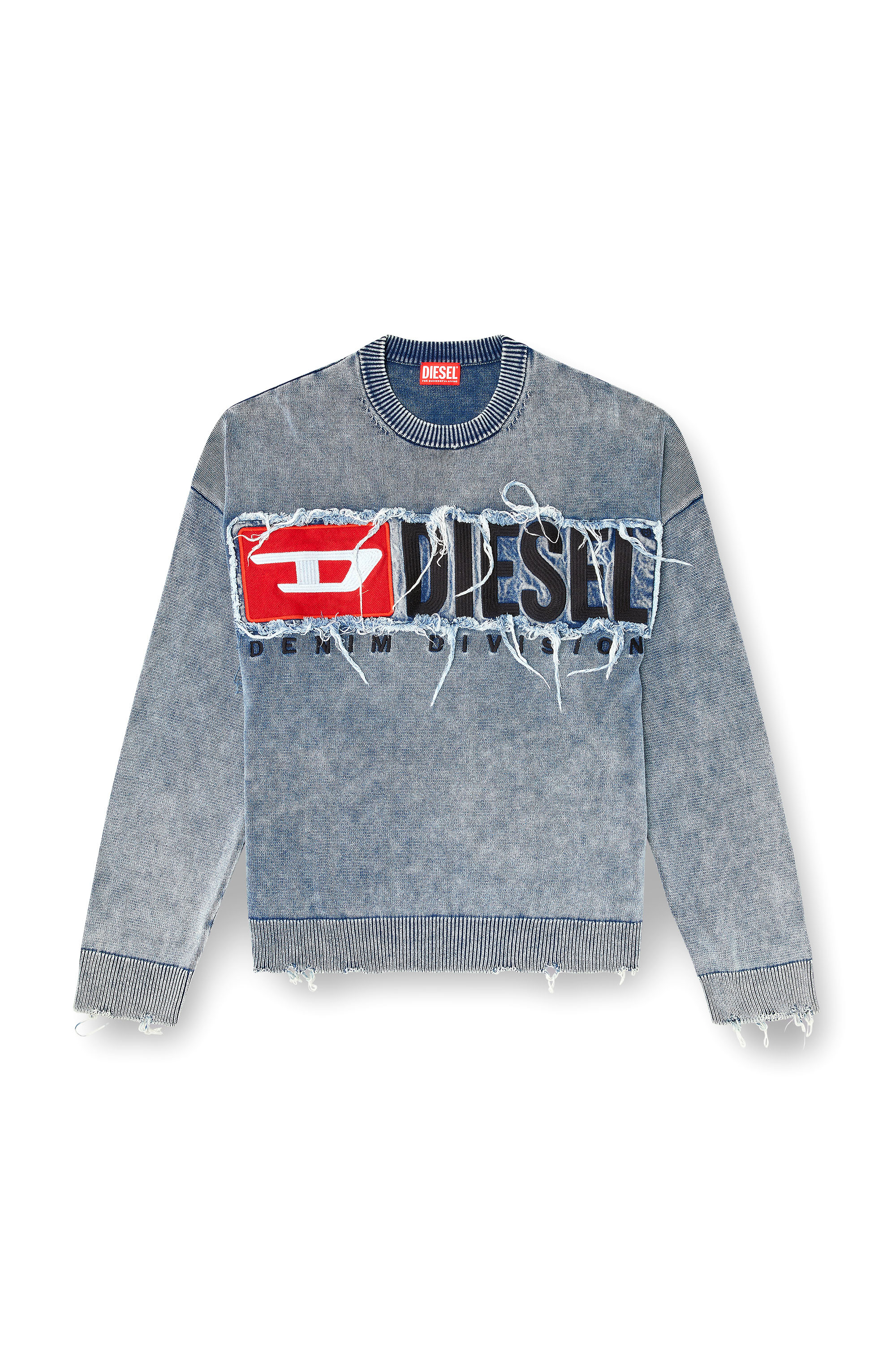 Men's Cotton jumper with denim logo patch | Blue | Diesel