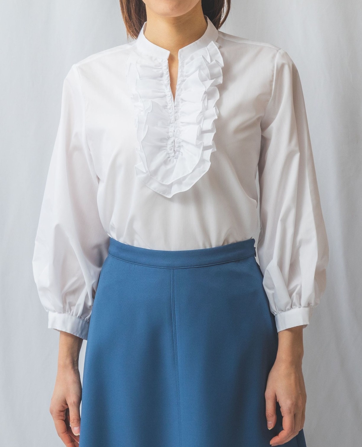 NARACAMICIE】キーネックフロントフリル七分袖ブラウス(1(M)9号