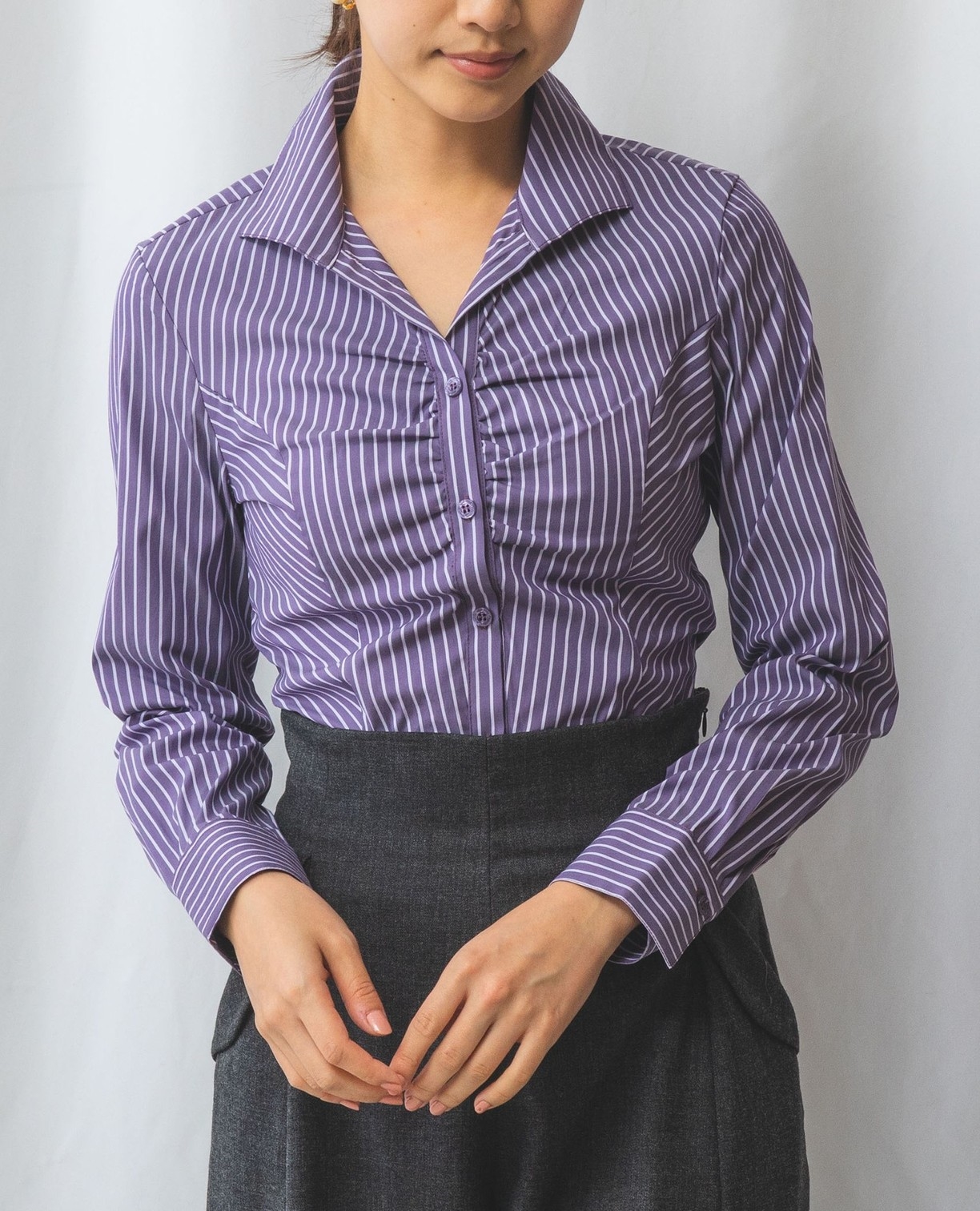 NARACAMICIE】ミラノストライプスタンドカラーシャツ(0(S)7号 パープル