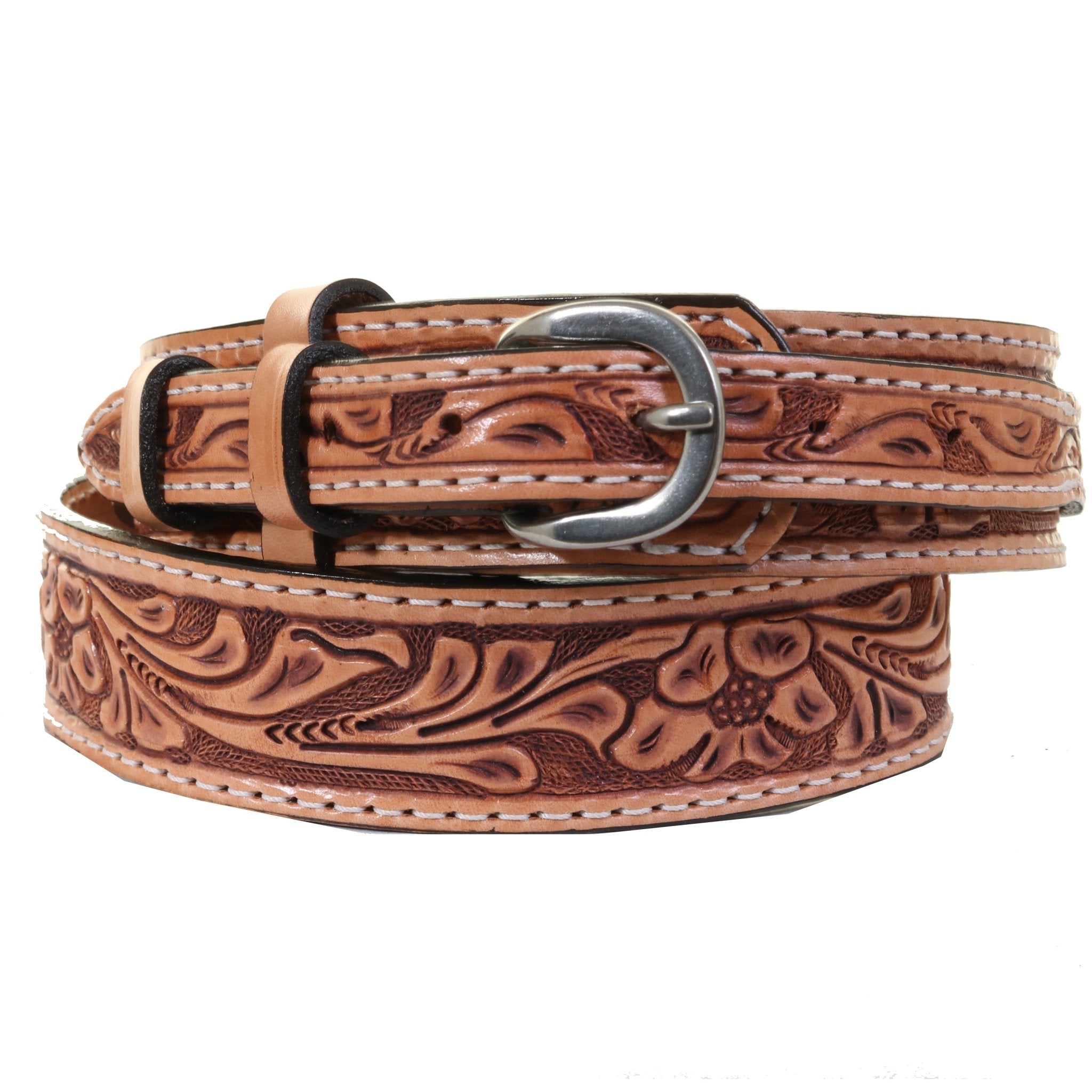 B1215 - Natural Floral Tooled Ranger Belt - Double J Saddlery