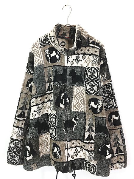 古着 90s USA製 MAZMANIA 犬 ドッグ マルチ アート 総柄 フリース