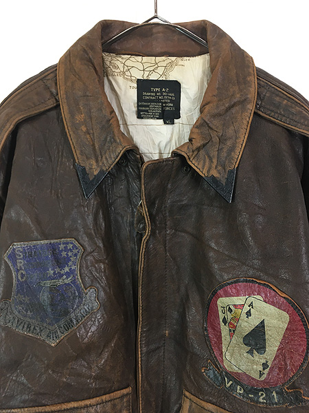 古着 90s AVIREX Type A-2 豪華 ドローイング パッチ 本革 ゴート