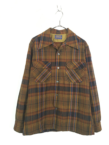 古着 60-70s Pendleton レトロ チェック 開襟 ボックス ウール シャツ