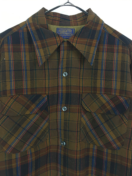 古着 60-70s Pendleton レトロ チェック 開襟 ボックス ウール シャツ