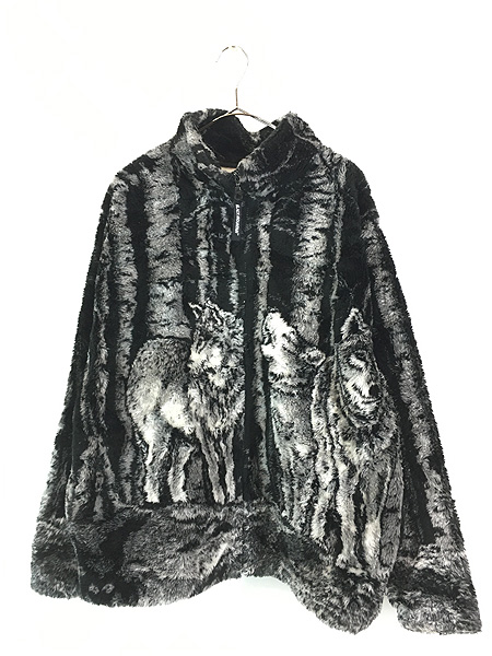 古着 90s USA製 BLACK MOUNTAIN オオカミ ウルフ 総柄 フリース