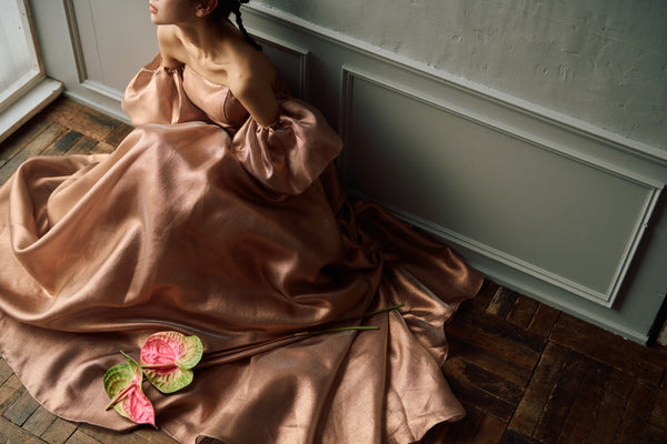 2way ラメパール パフスリーブドレス ブラウン（W293BR）