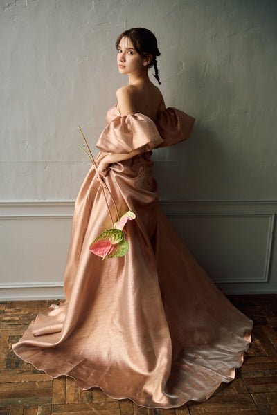 2way ラメパール パフスリーブドレス ブラウン（W293BR）