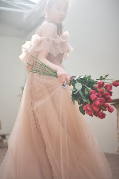 フリル オフショルダー チュールドレス ピンクブラウン（W337PB）