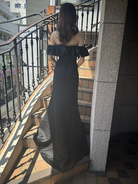 オフショルダー ソフトマーメイドドレス ブラック（W268BK）