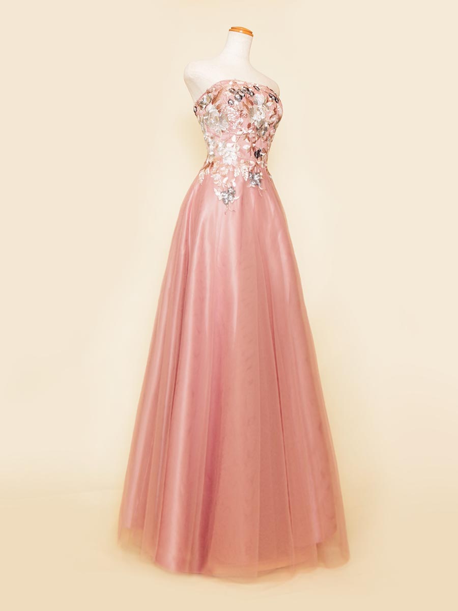 サーモンピンクカラーのローウエストデザインステージロングドレス