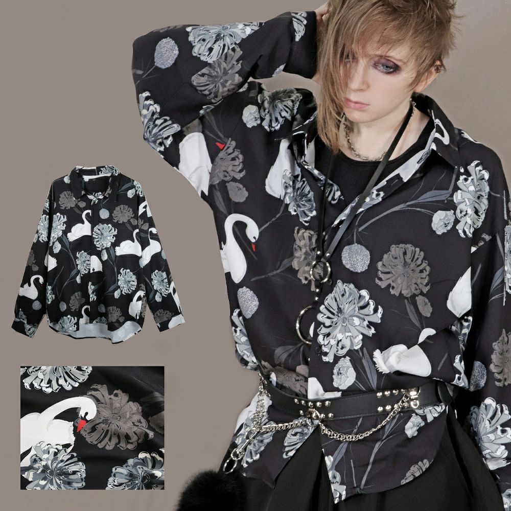 BY7090 ルーズシルエット・ダークカラー スワン柄 総柄 シャツ[swan