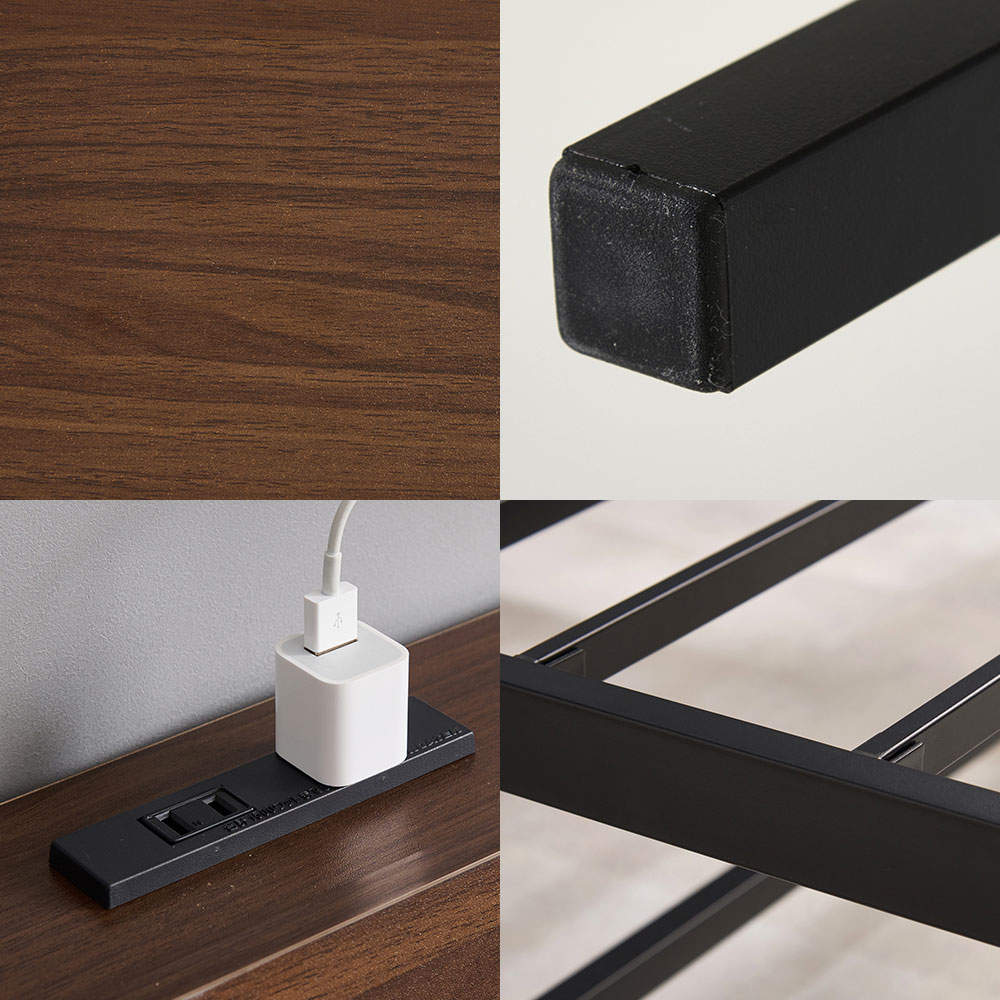 萩原 ベッドフレーム 頑丈パイプベッド ダークブラウン コンセント付き