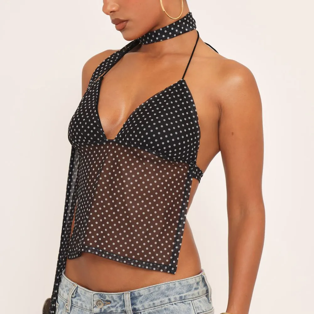 Plunge Front Scarf Neck Detail Top In Black Polka Dot Mesh | EGO