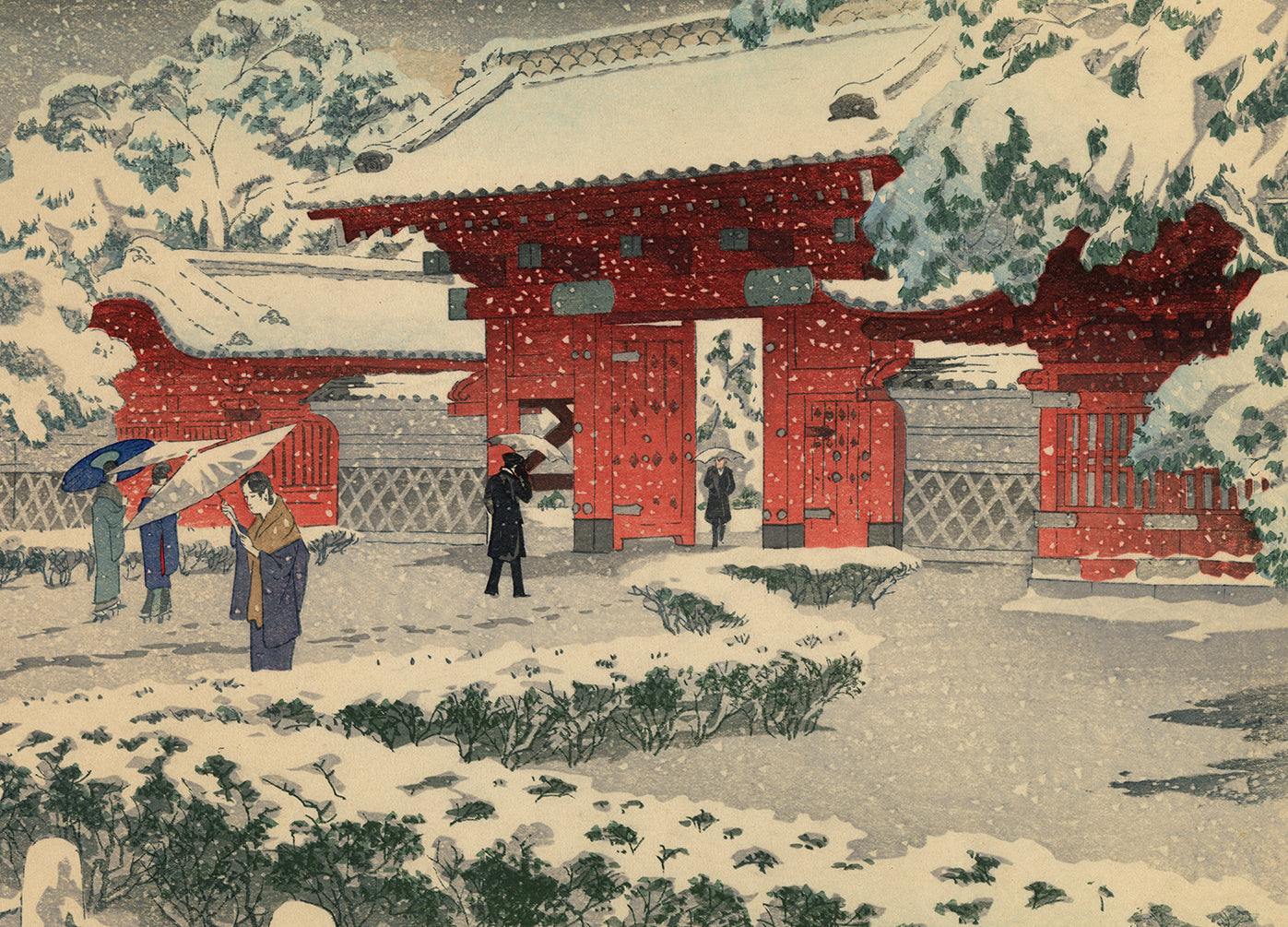 笠松白 紫浪: 雪の中の本郷赤門 赤門 – Egenolf Gallery Japanese Prints