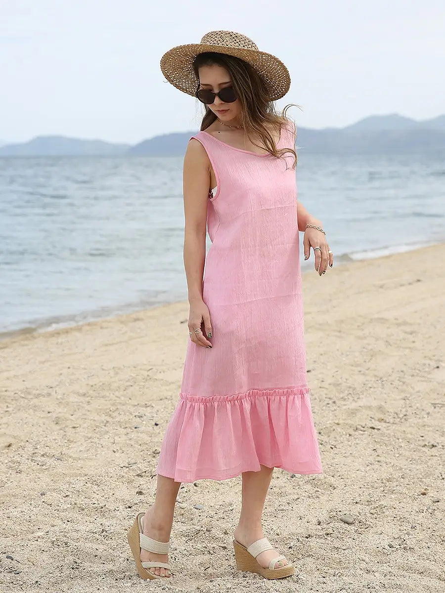 MOLABI(モラビ)近江ちぢみリネンマキシワンピース/ピンク | リゾート